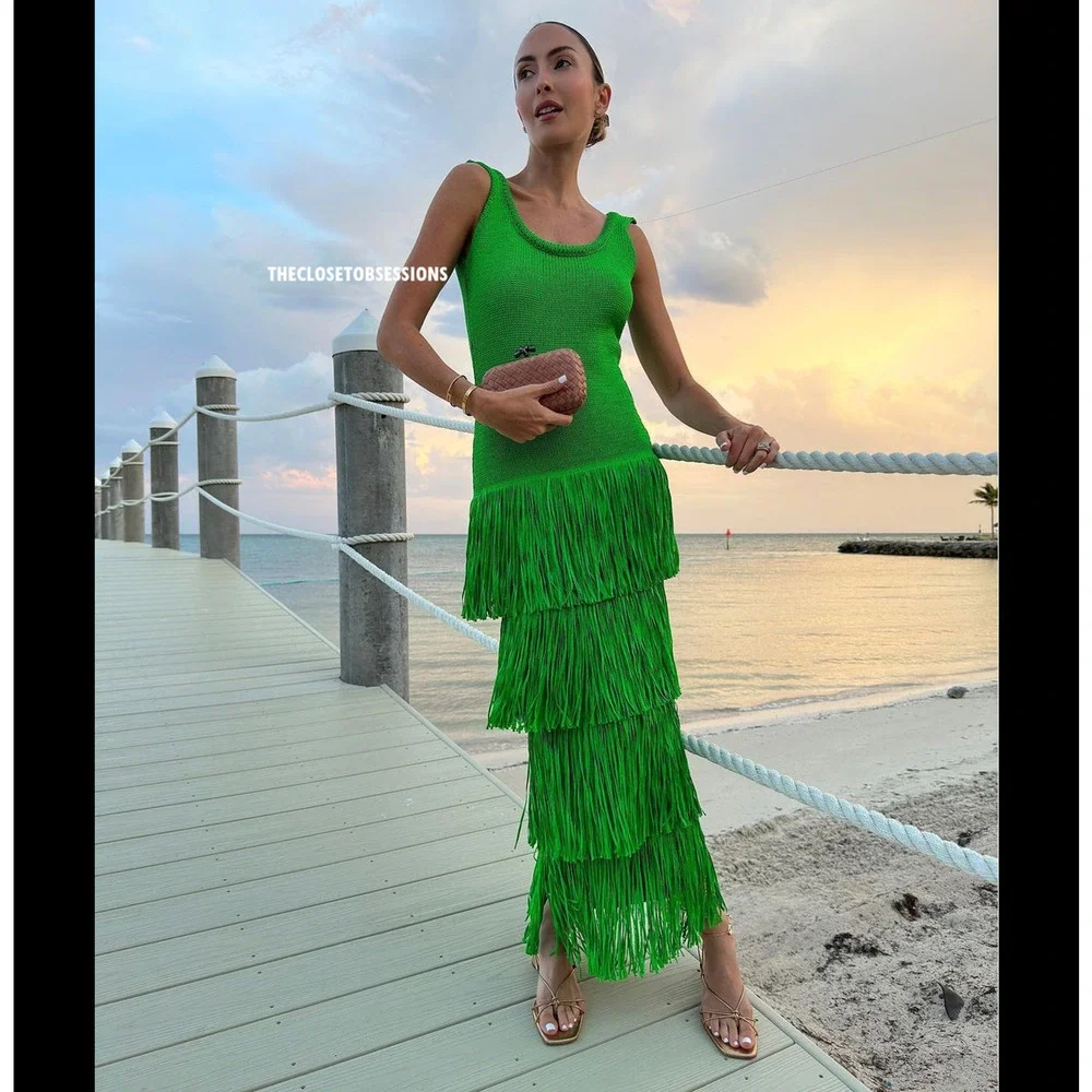 Mango Bright Green Tiered Fringe Maxi Dress - Picture 7 of 16